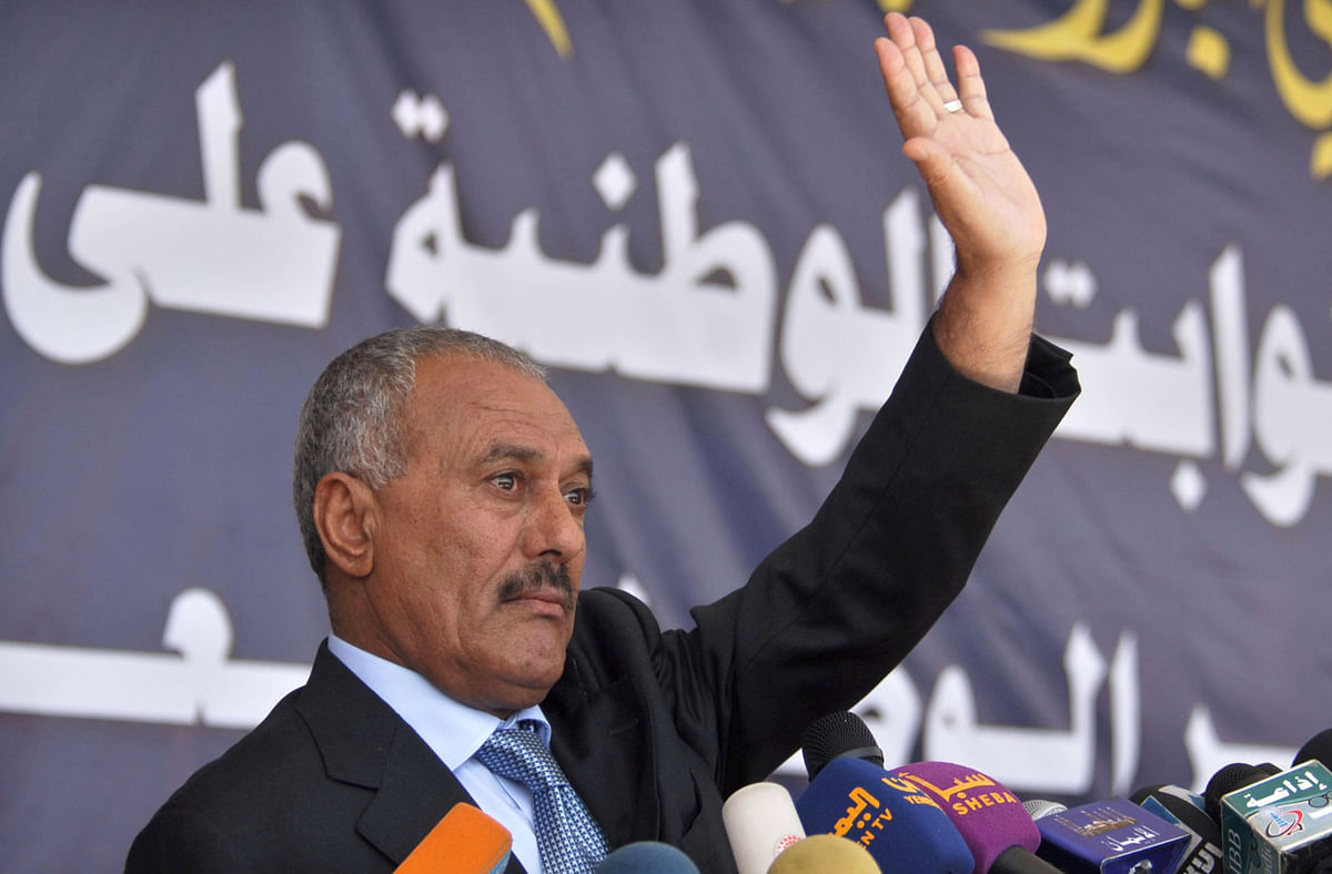 Former Yemeni president Ali Abdullah Saleh addressing loyalists in the capital Sanaa in 2011. AFP file photo