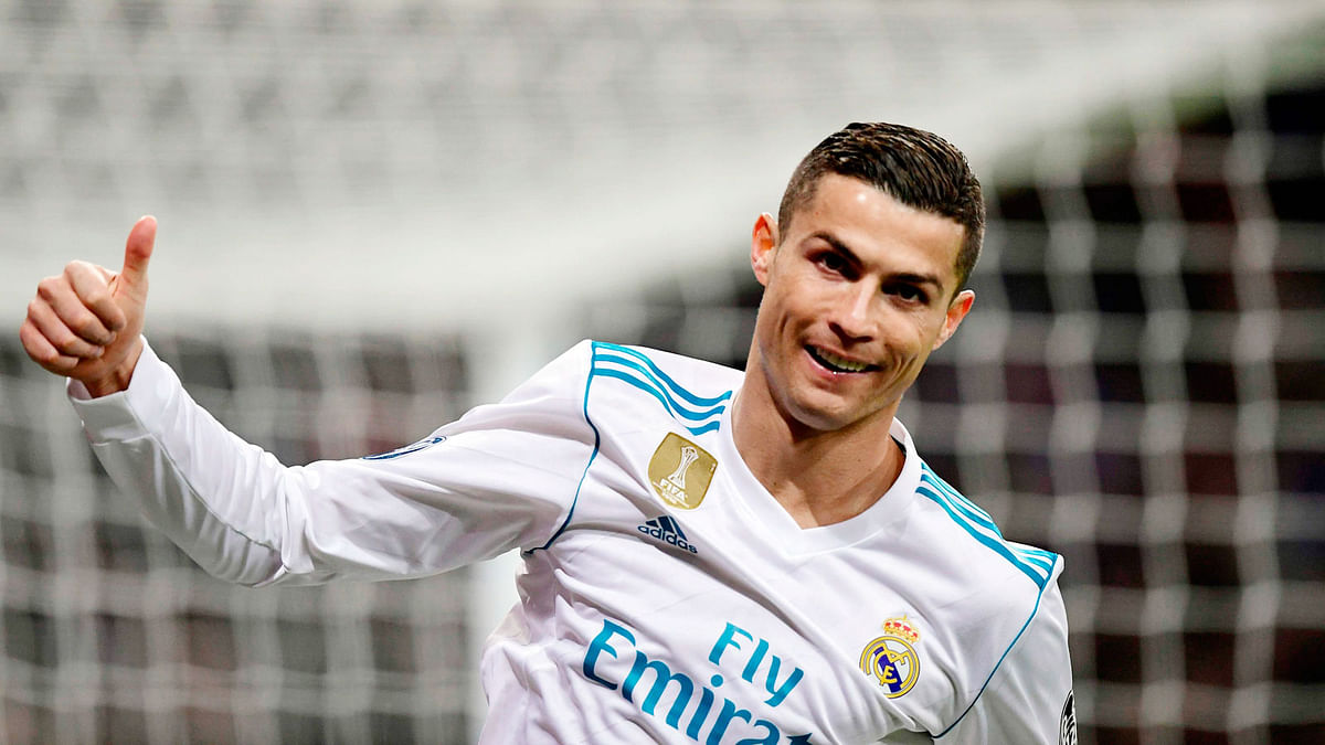 Real Madrid’s Portuguese forward Cristiano Ronaldo thumbs up during the UEFA Champions League group H football match Real Madrid CF vs Borussia Dortmund at the Santiago Bernabeu stadium in Madrid on Wednesday. Photo: AFP