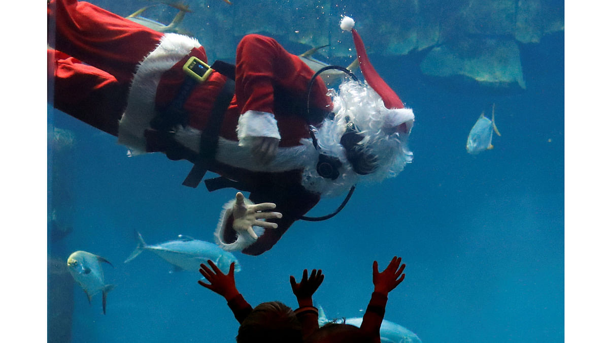 Visitors react as a diver dressed as Santa Claus swims with fish at the Aquarium of Paris, France, 22 December 2017. Reuters