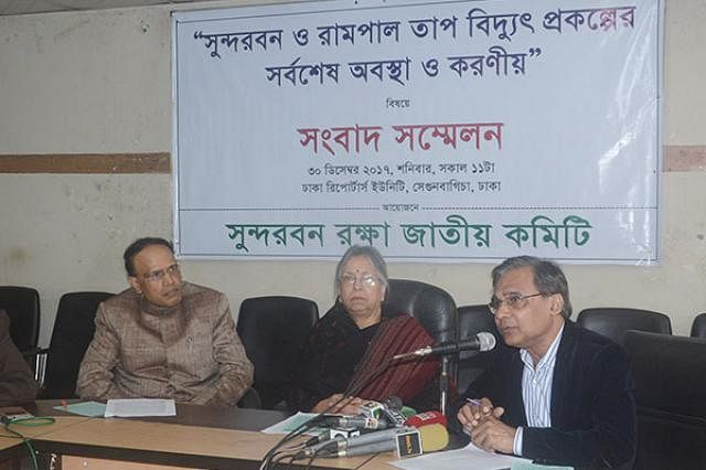 The National Committee to Protect Sundarbans organised a press conference at Dhaka Reporters Unity auditorium on Saturday morning. Photo: Prothom Alo
