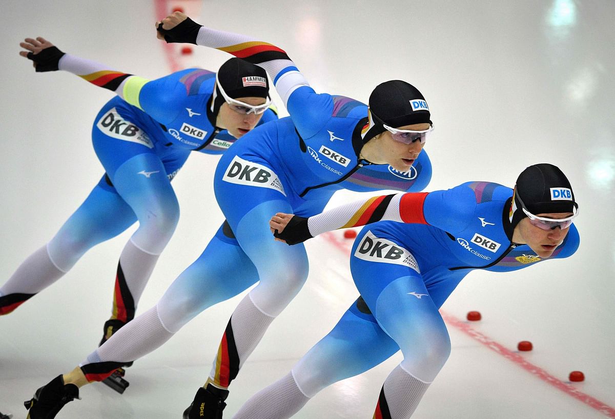 Germany`s team Roxanne Dufter, Gabriele Hirschbichler and Michelle Uhrig compete in the women`s team pursuit race during the European Speed Skating Championship in Kolomna on 7 January 2018. AFP