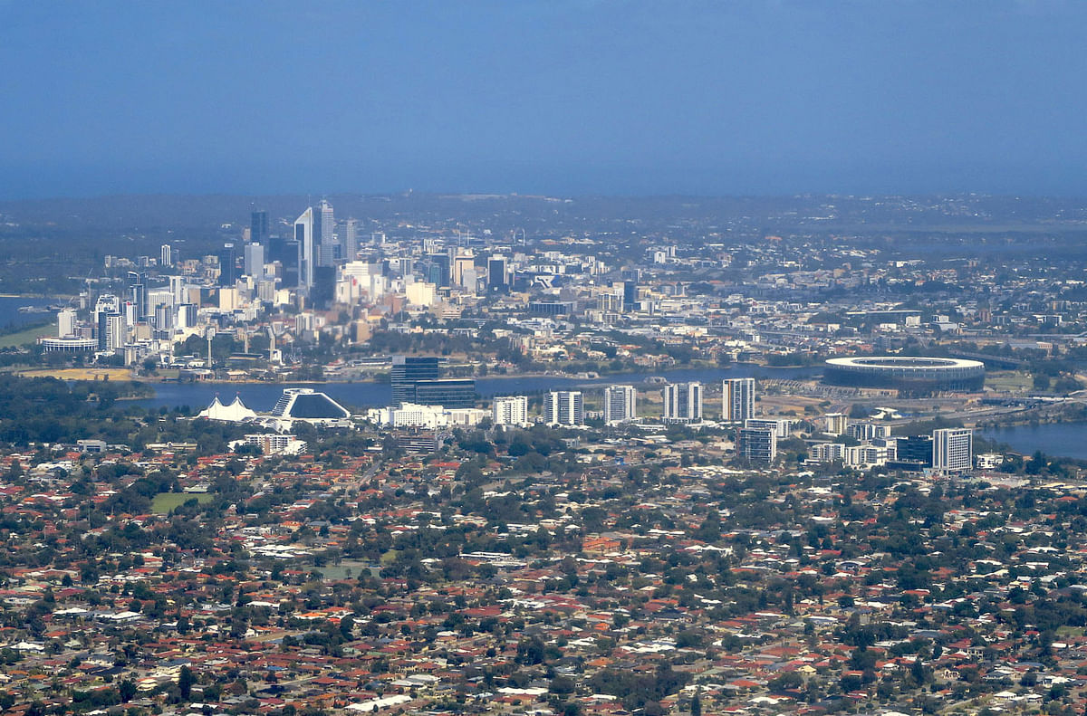 The newly completed Perth Stadium can be seen near the Crown Casino and central business district of Perth. Reuters