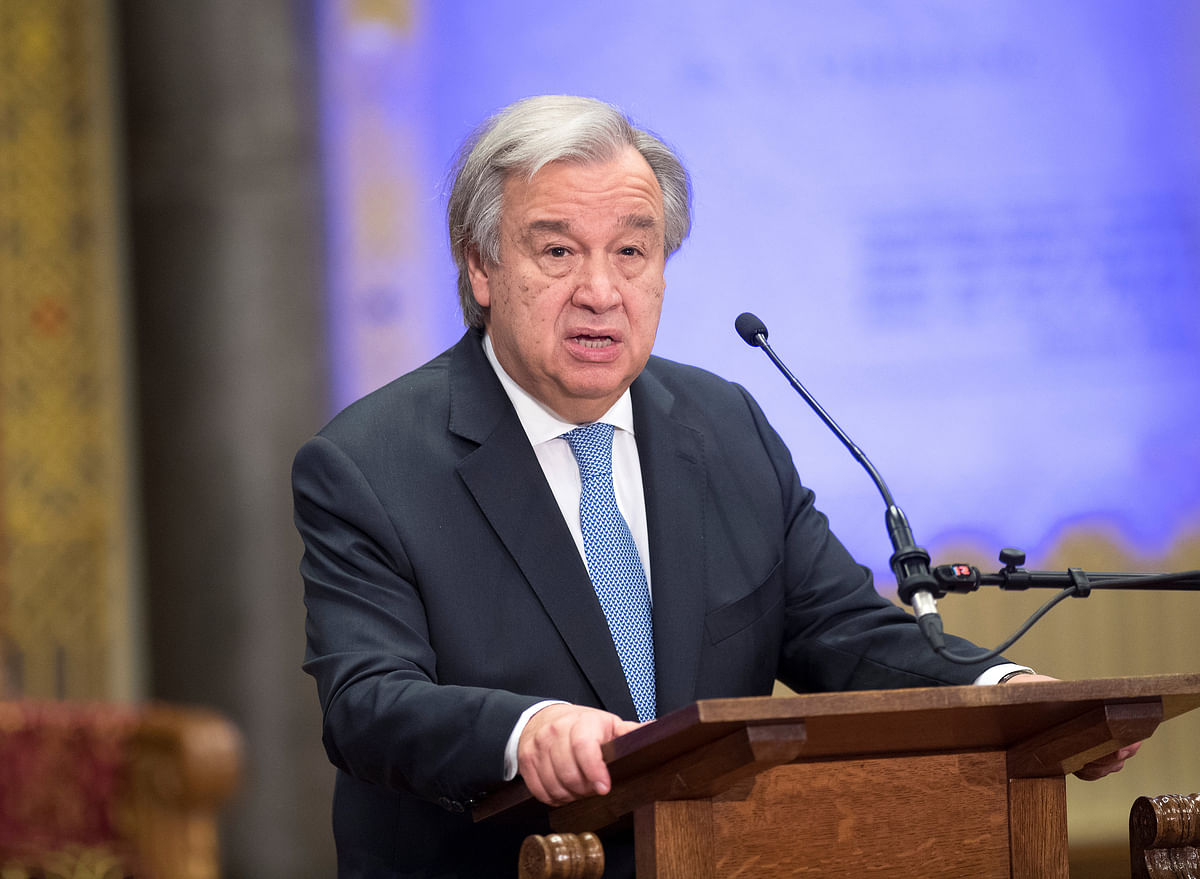 UN secretary general Antonio Guterres speaks during the ceremony marking the closure of the U.N. tribunal for the former Yugoslavia in The Hague. Reuters