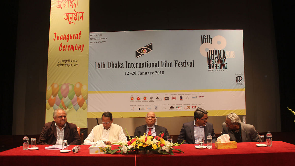 Finance minister AMA Muhith (M) inaugurates the 16th Dhaka International Film Festival (DIFF) at the main auditorium of Bangladesh National Museum on Friday. Photo: Collected