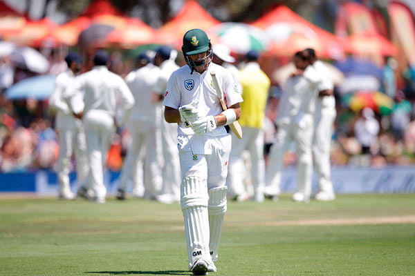 South Africa’s batsman Aiden Markram leaves the field after being dismissed for 94 runs during the first day of the second Test cricket match between South Africa and India at Supersport cricket ground on Saturday.