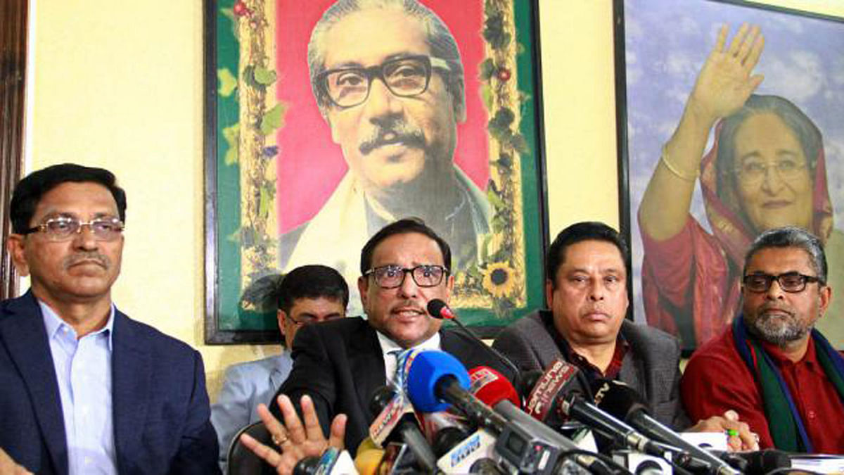 Awami League general secretary Obaidul Quader speaks at a press conference at AL chief Sheikh Hasina`s political office in Dhanmondi on Saturday. Photo: Focus Bangla
