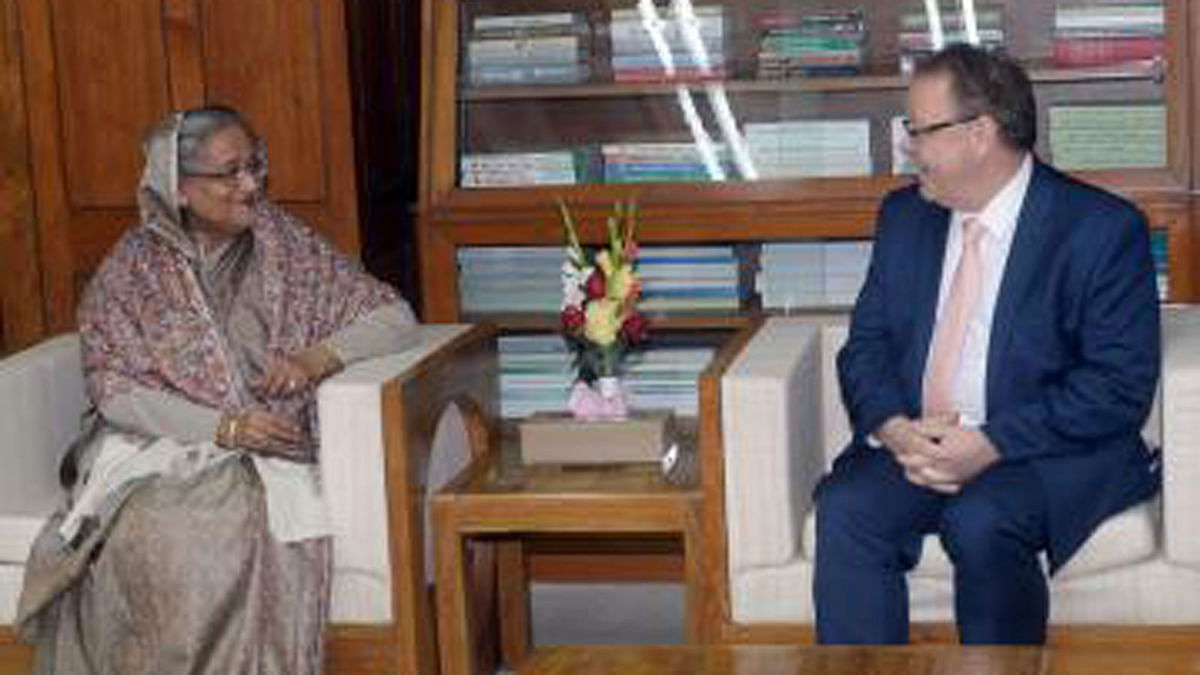 Prime minister Sheikh Hasina and newly-appointed Canadian high commissioner to Bangladesh Benoit Prefontaine on Sunday. Photo: BSS.