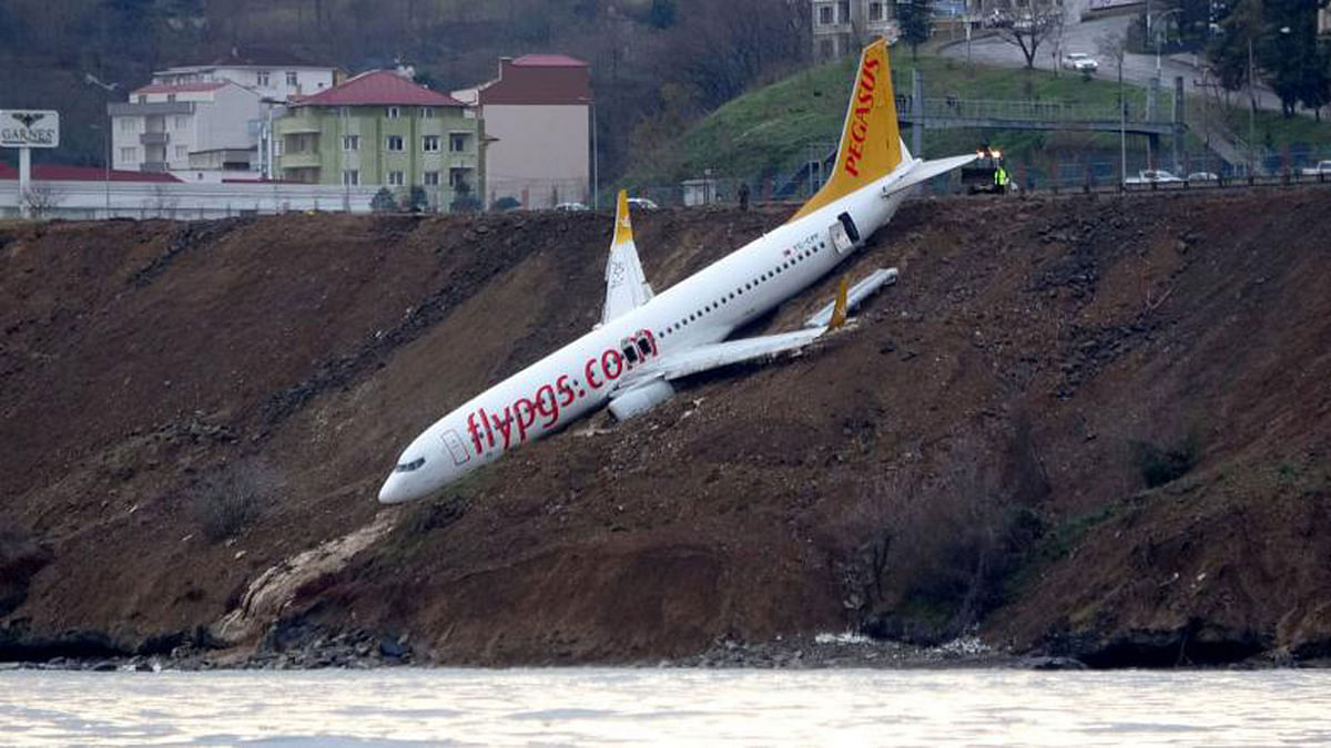 A Pegasus Airlines aircraft is pictured after it skidded off the runway at Trabzon airport by the Black Sea in Trabzon, Turkey. Photo: Reuters