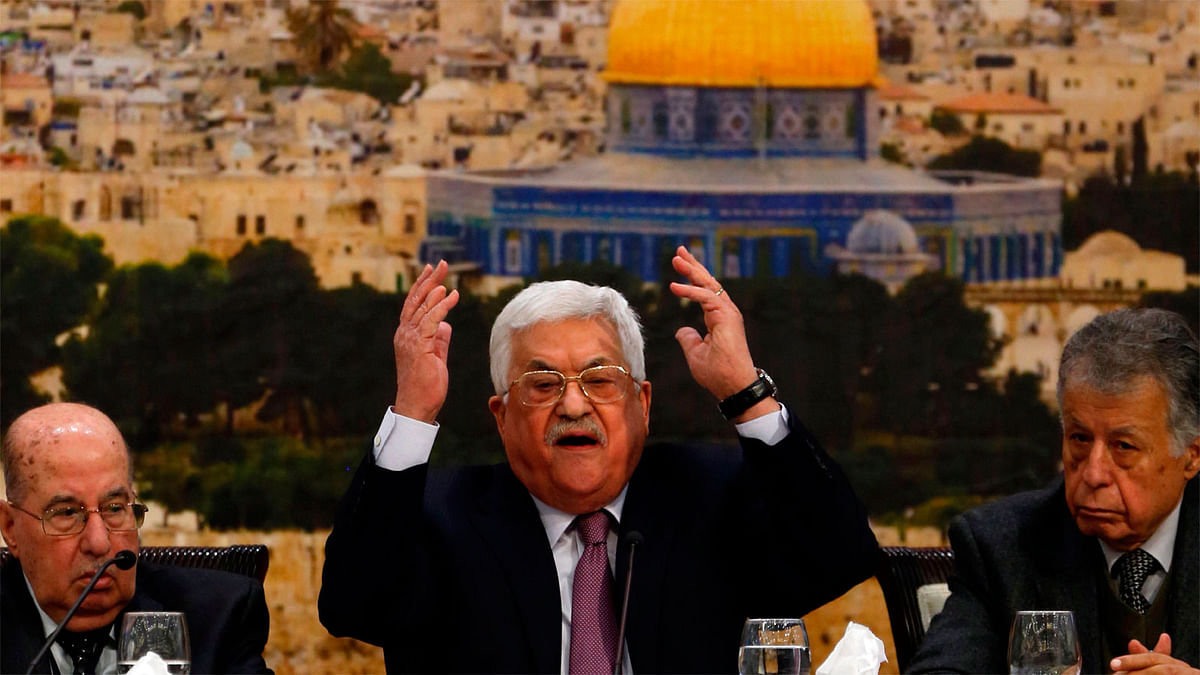 Palestinian president Mahmoud Abbas © speaks during a meeting in the West Bank city of Ramallah on 14 January 2018. Abbas said that Israel has “ended” the landmark Oslo peace accords of the 1990s with its actions. Photo: AFP