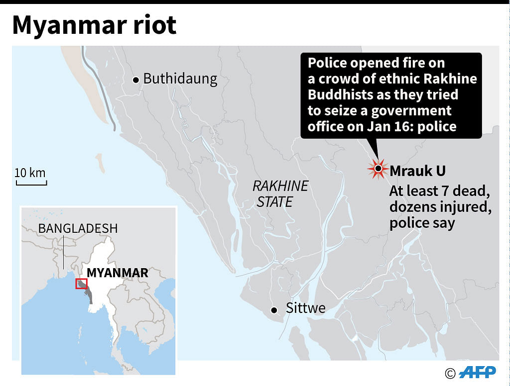 Map of Myanmar’s Rakhine state locating riot in Mrauk U. AFP