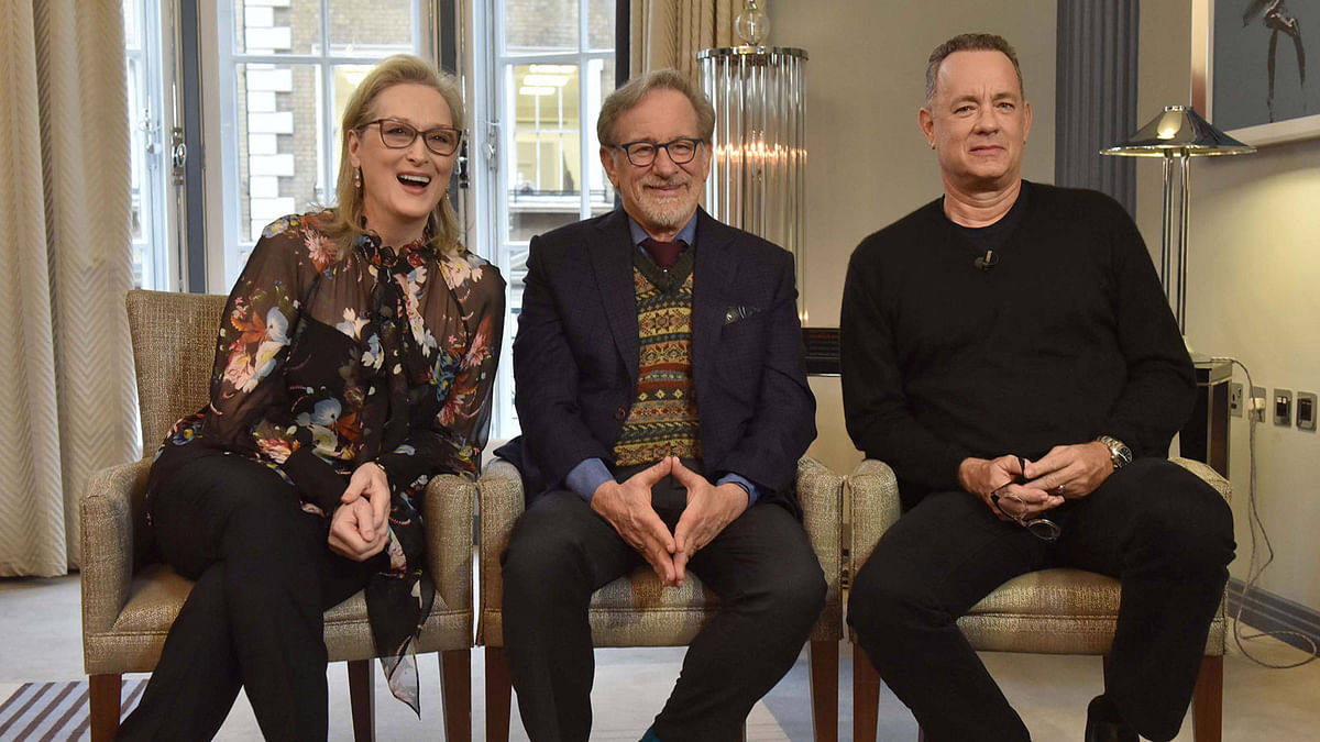 Actors Meryl Streep and Tom Hanks and director Steven Spielberg are seen appearing in an undated pre-recorded interview for the BBC`s Andrew Marr Show in London, Britain on 14 January 2018. Reuters