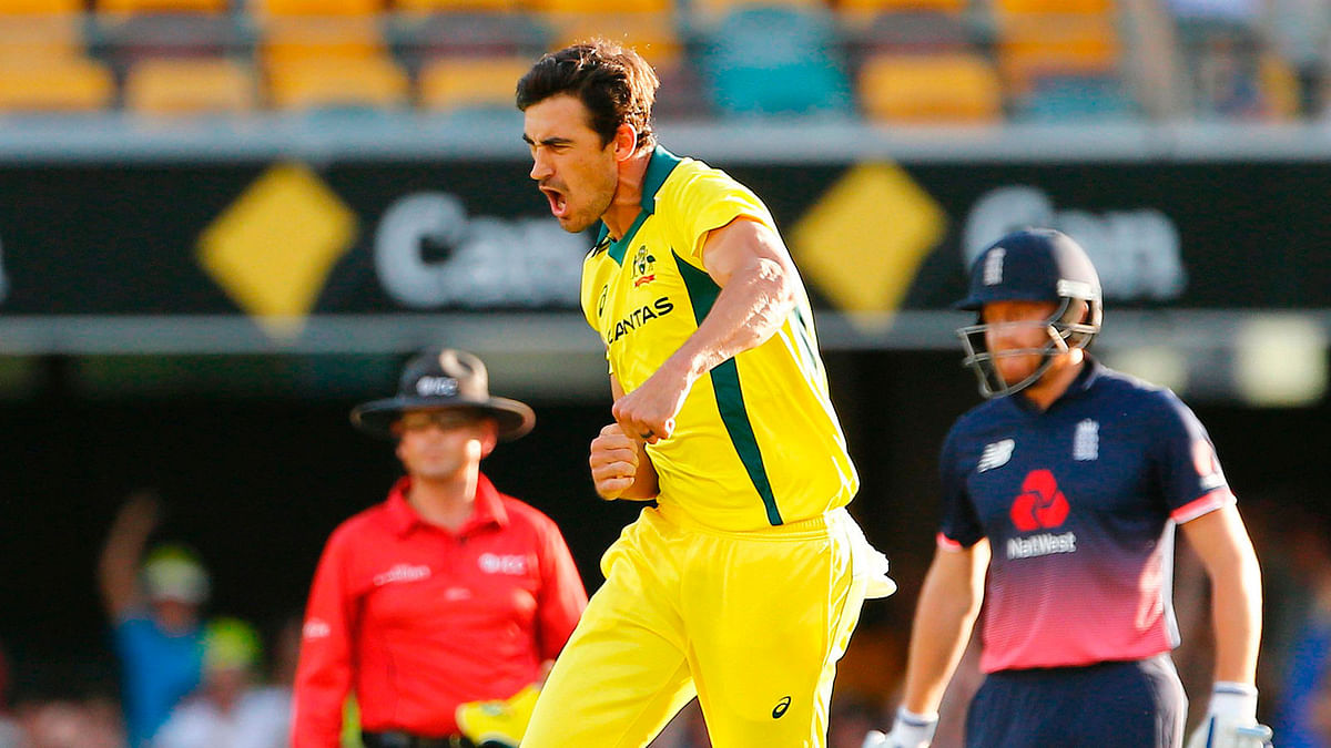 Australia`s Mitchell Starc (C) celebrates after taking the wicket of England`s Jason Roy during the one-day international (ODI) cricket match between England and Australia in Brisbane on 19 January 2018. Photo: AFP
