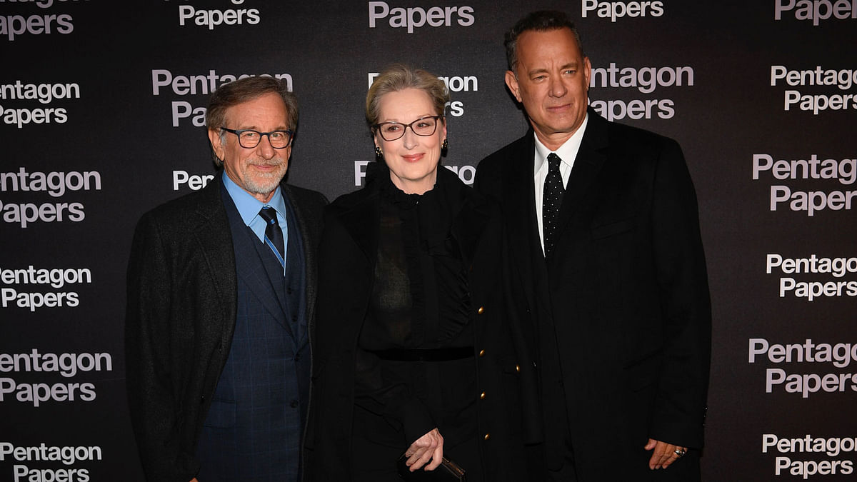 US film director Steven Spielberg (L), actress Meryl Streep and actor Tom Hanks, attend the premier of The Pentagon Papers (The Post) on 13 January 2018 in Paris. Photo: AFP