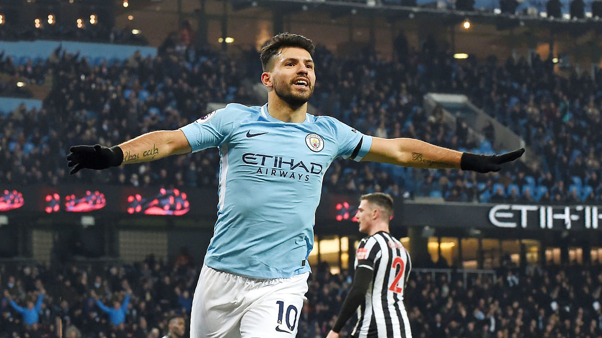 Manchester City’s Argentinian striker Sergio Aguero celebrates after scoring the opening goal of the English Premier League football match between Manchester City and Newcastle United at the Etihad Stadium in Manchester, north west England, on Saturday. Photo: AFP