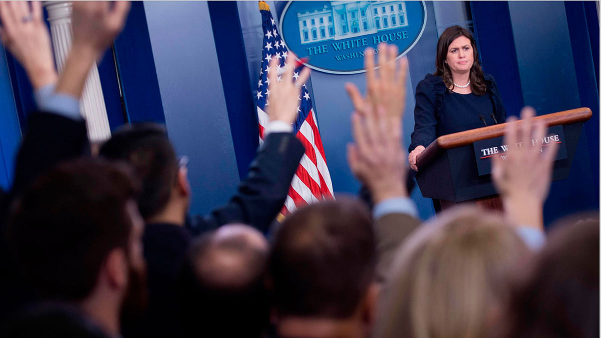 White House Press Secretary Sarah Sanders takes questions during the daily briefing at the White House in Washington, DC, on Monday. Photo: AFP