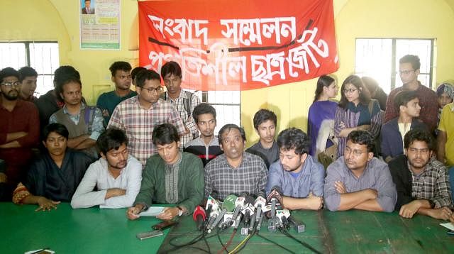 Leaders of Progressive Students` Alliance at a press conference at Madhu`s Canteen on the Dhaka University campus on Wednesday. Photo: Prothom Alo
