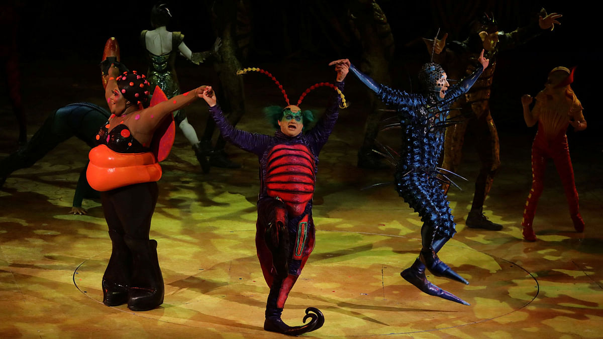 The characters of Master Flipo (C), The Foreigner (R) and The Ladybug (C) during the Cirque Du Soleil show at the Royal Albert Hall in London, Britain 24 January 2018. Photo: Reuters