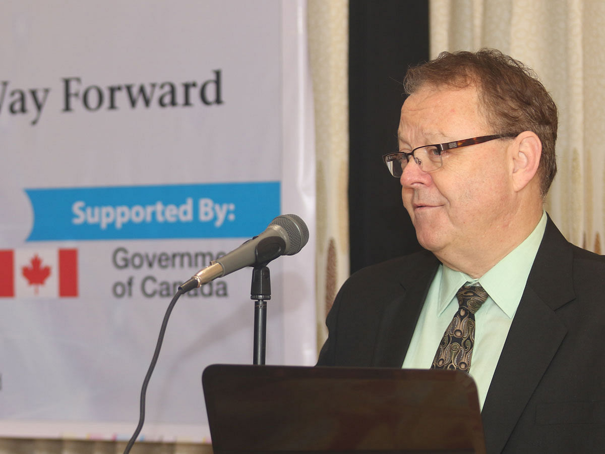Canadian high commissioner Benoit Préfontaine addresses national conference on cyber radicalisation held in Dhaka on Thursday
