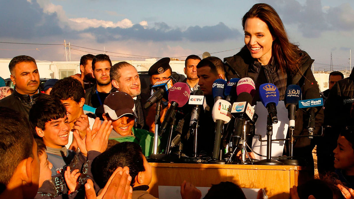 United Nations refugee agency special envoy Angelina Jolie holds a press conference during a visit to Jordan’s Zaatari camp for Syrian refugees on 28 January 2018. Photo: AFP