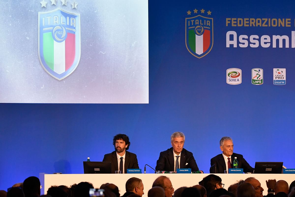 The three candidates to the presidency of the Italian Football Federation (FIGC) Damiano Tommasi, Cosimo Sibilia and Gabriele Gravina attend the meeting to elect a new president in Rome on Monday. Photo: AFP