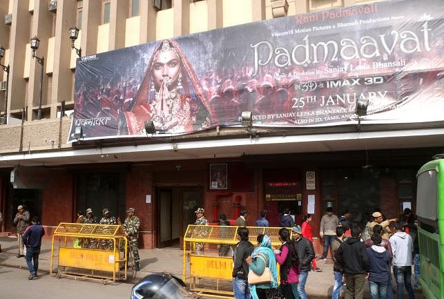 Security beefed up outside cinema halls as Sanjay Leela Bhansali`s `Padmaavat` hit the screens; in New Delhi on 25 Januray. Photo: IANS
