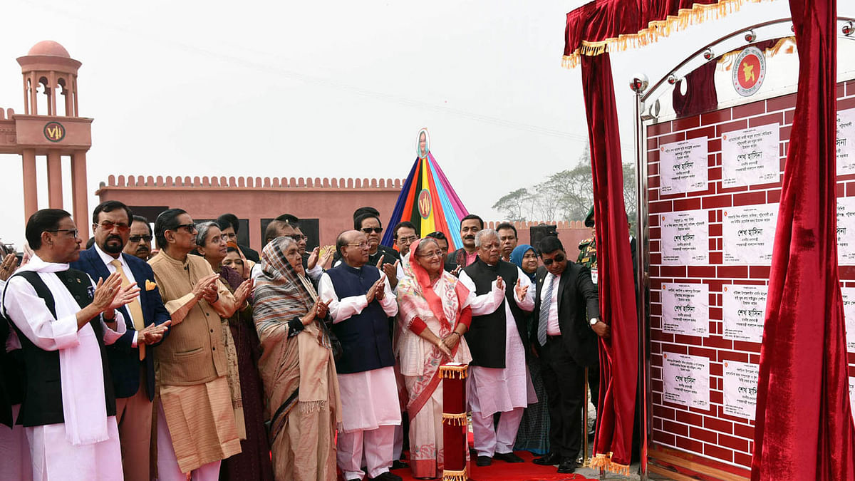 Prime minister Sheikh Hasina inaugurates several development works in Lebukhali of Patuakhali on Thursday. Photo: PID