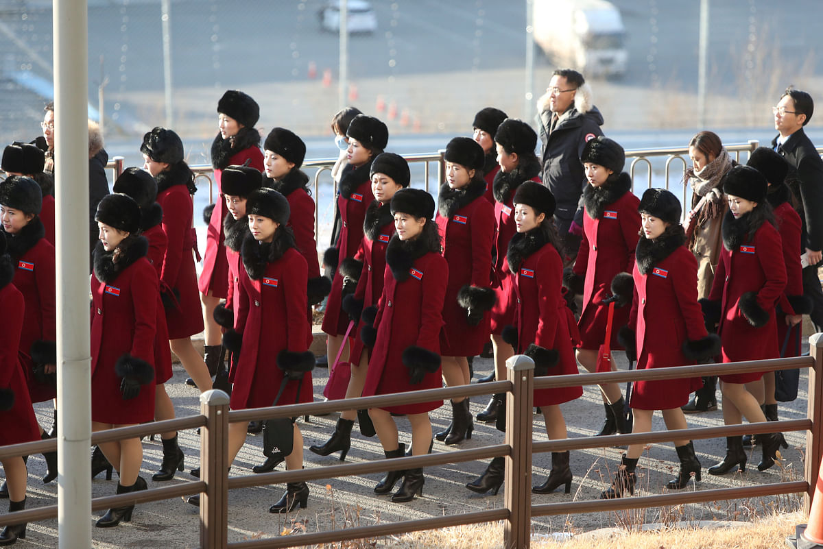 Oympic-2018-North Korea-Members of North Korean cheering squad arrive at a hotel in Inje, South Korea on 7February 2018. Photo: Reuters