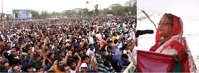 AL president and prime minister speaks at a public rally in Barisal on Thursday. Photo: PID