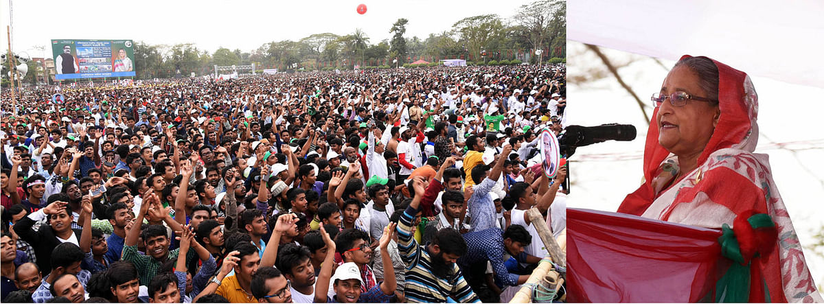 AL president and prime minister speaks at a public rally in Barisal on Thursday. Photo: PID