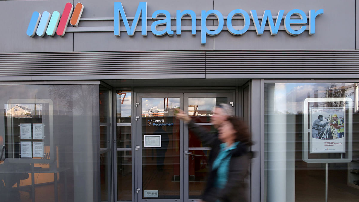 The Manpower logo is seen in front of the group`s commercial employment agency in Nantes, France on 6 November 2017. Reuters