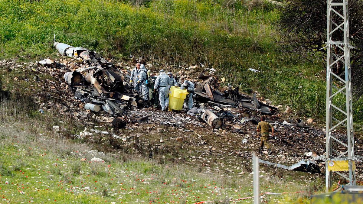 The remains of an Israel F-16 that crashed after coming under fire by Syrian air defences during attacks against “Iranian targets” in the war-torn country. Photo: AFP