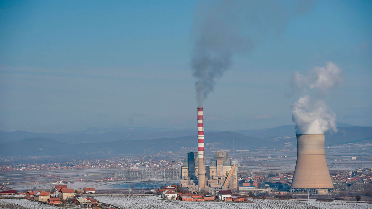 Smoke rising from chimneys of the Kosovo power plant in the village of Hade near the town of Obiliq on the outskirts of Pristina. AFP file photo