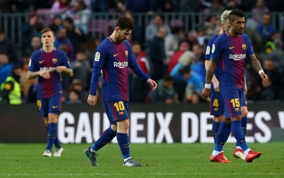 Barcelona’s Lionel Messi looks dejected after the match. REUTERS