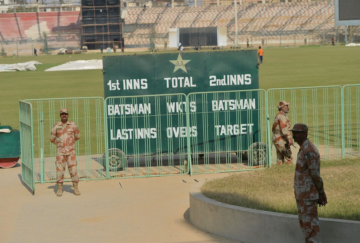 Pakistani rangers stand guard outside the National Stadium in Karachi on Sunday, during the full dress rehearsal of security arrangements for the Pakistan Super League final, to be held on March 25. AFP