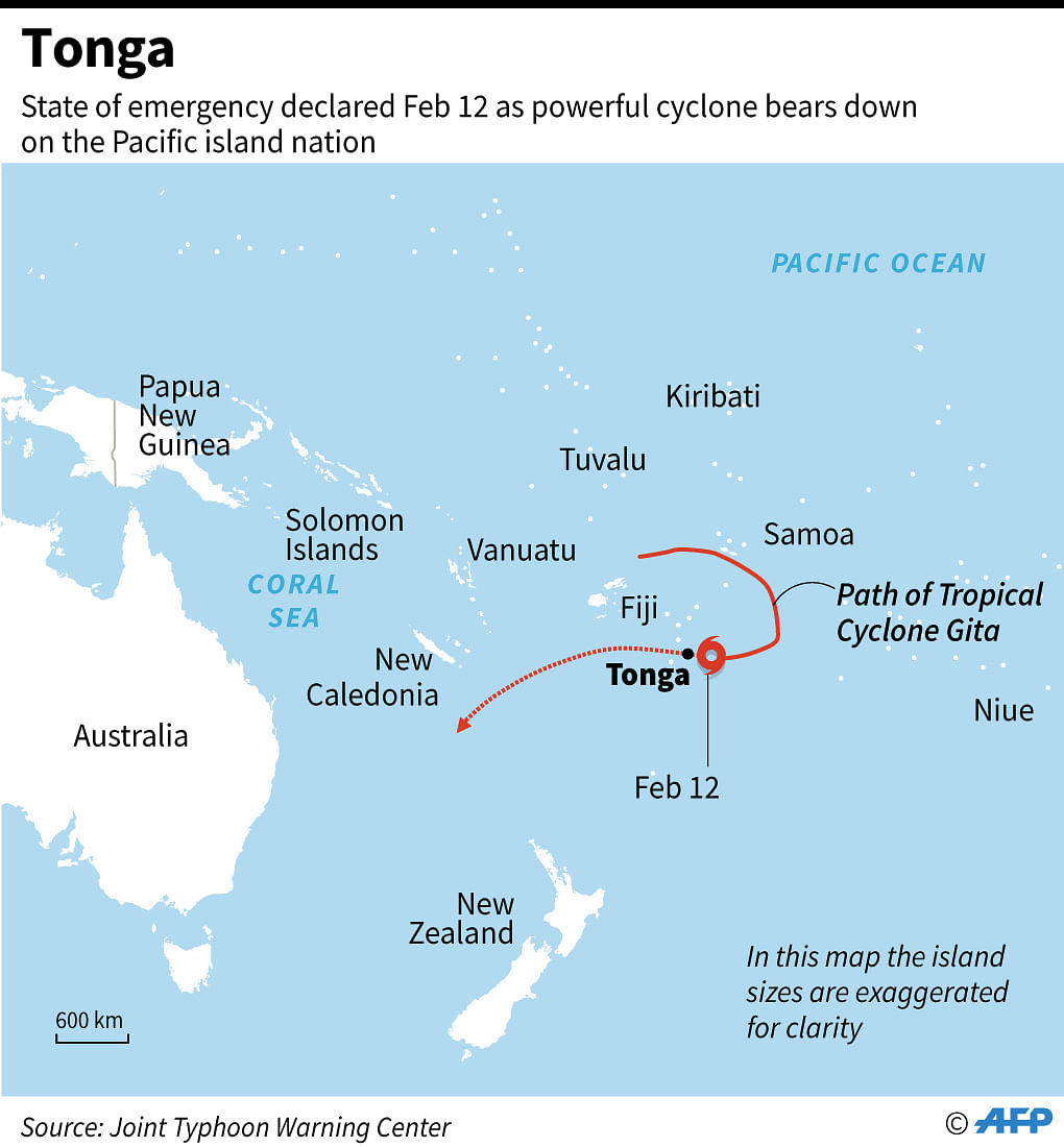 Map showing Tonga and path of a powerful cyclone.  AFP
