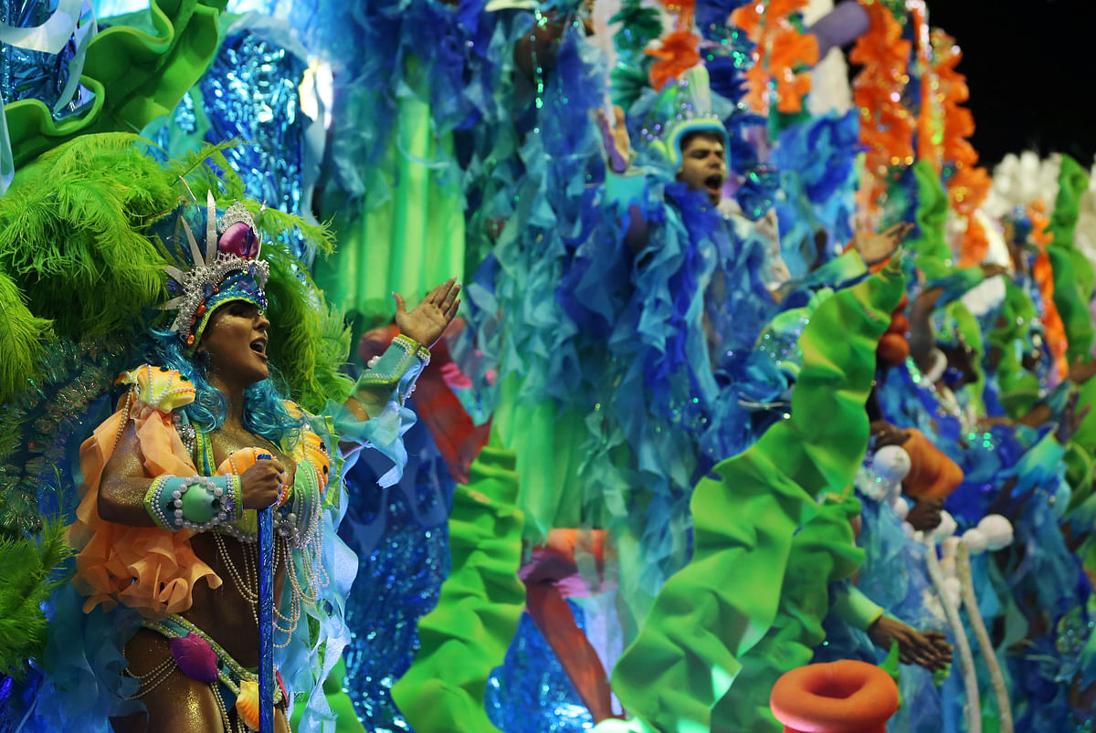 Revellers from Unidos da Tijuca Samba school perform during the second night of the Carnival parade at the Sambadrome in Rio de Janeiro. Photo: Reuters