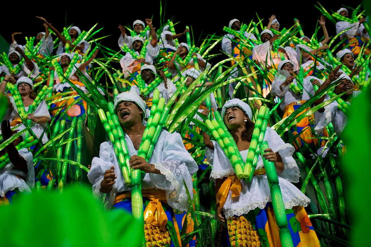 Revellers of the Portela samba school perform during the second night of Rio`s Carnival at the Sambadrome in Rio de Janeiro, Brazil, on 12 February 2018. Photo: AFP