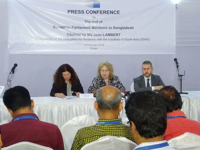The Members of European Parliament (MEP) delegation addresses a press conference in Dhaka on Wednesday. Photo: EU Delegation in Dhaka
