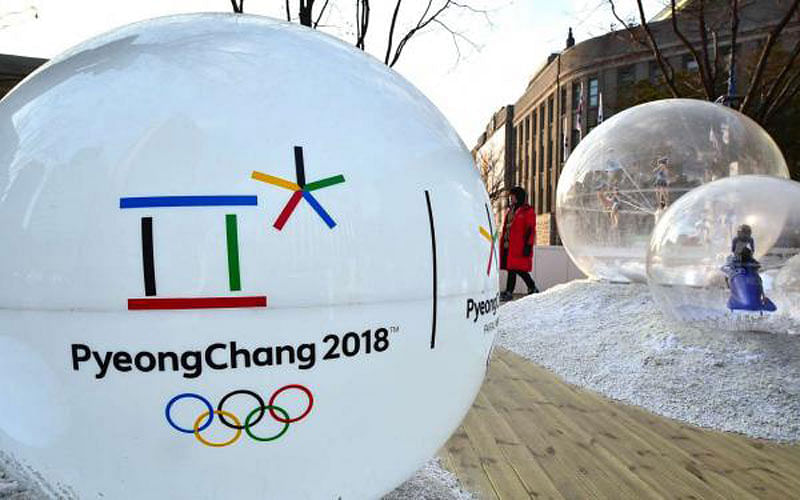 The emblem of the 2018 Pyeongchang Winter Olympics outside the city hall in Seoul. Reuters File Photo