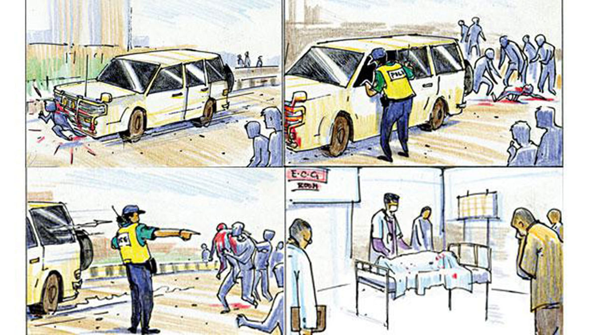 (From left to right) 1. A vehicle hits nine-year-old Raj. 2. On-duty policeman talks to a man sitting inside the vehicle. 3. The policeman helps the man flee the scene. 4. Raj succumbs to his injuries at hospital. Illustration: Prothom Alo