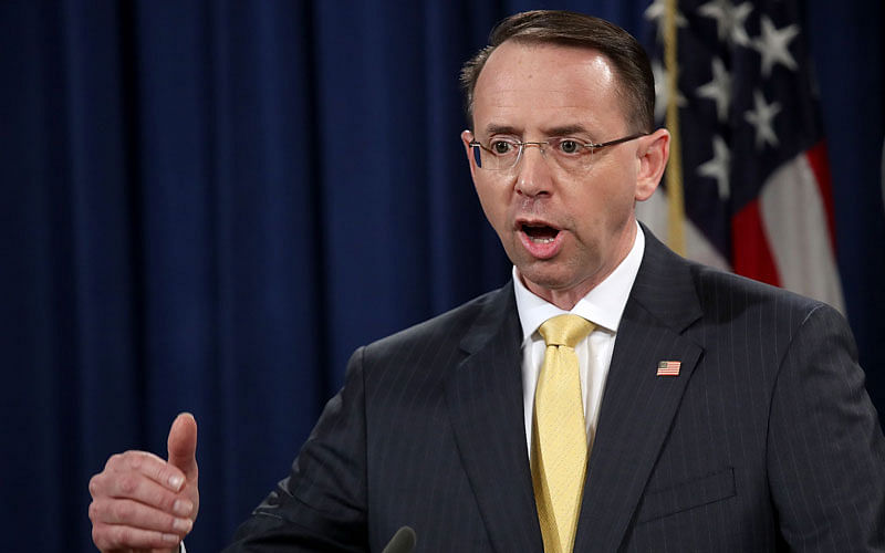 US deputy attorney general Rod Rosenstein announces the indictment of 13 Russian nationals and 3 Russian organisations for meddling in the 2016 US presidential election on 16 February 2018 at the Justice Department in Washington, DC. AFP