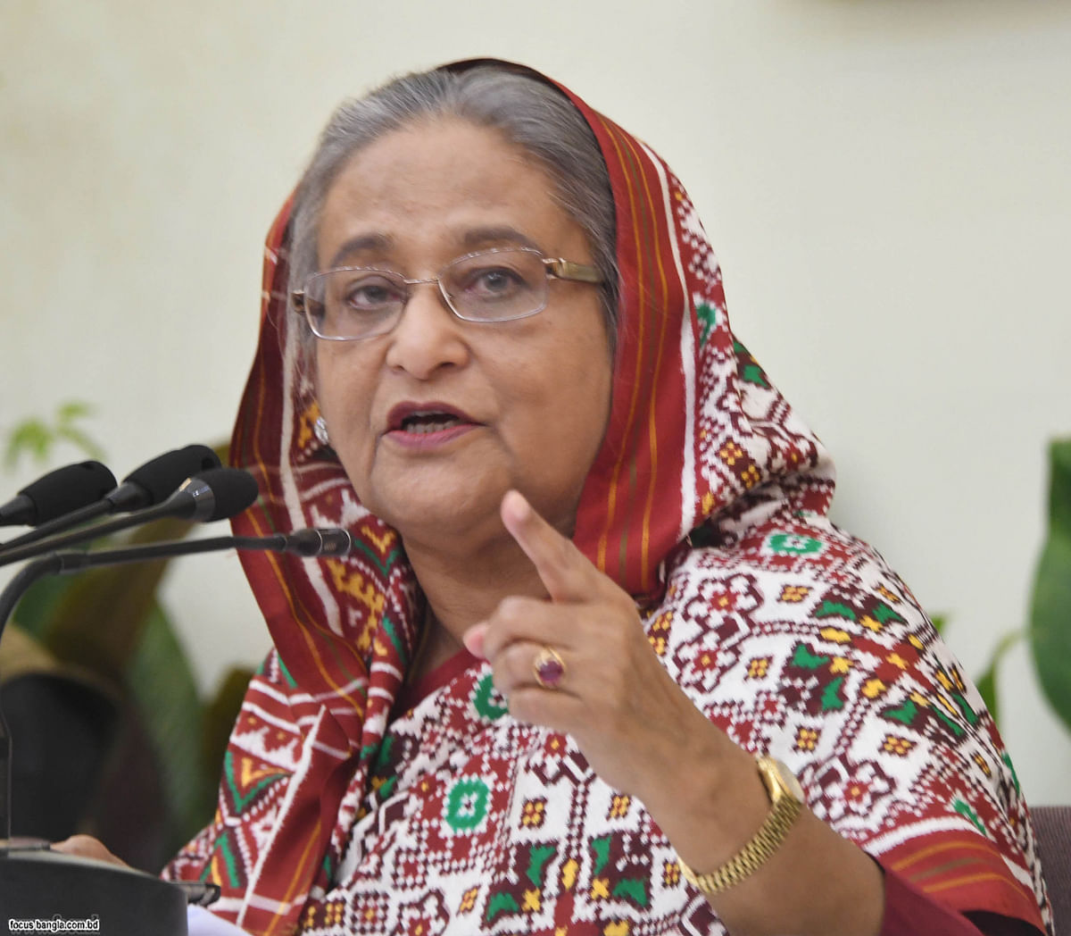 Prime minister Sheikh Hasina addresses a press conference at her official Ganabhaban residence on Monday to give the details about the outcome of her just-concluded visit to Italy and the Vatican City. Photo: Focus Bangla