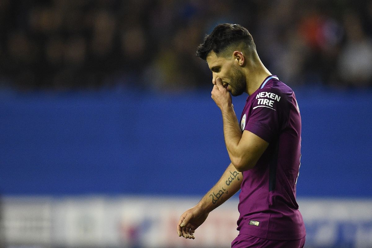 Manchester City’s Argentinian striker Sergio Aguero reacts during the English FA Cup fifth round football match between Wigan Athletic and Manchester City at the DW Stadium in Wigan, northwest England, on Monday. Photo: AFP