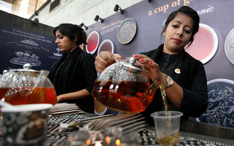 Salespersons are busy serving tea on the second day of three-day tea exposition held at the International Convention City Bashundhara, Dhaka on 19 February. Photo: Ashraful Alam