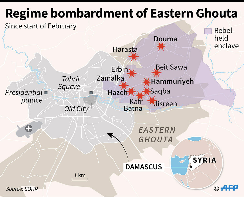 Map of Damascus locating areas of the besieged rebel enclave in Eastern Ghouta hit by regime strikes since 1 February. AFP