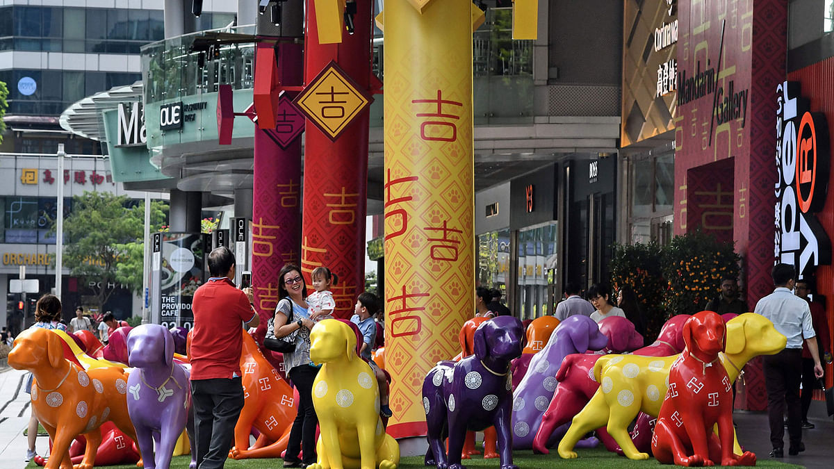Colourful dog figurines to mark the Lunar New Year, this year being the Year of the Dog, are displayed along the Orchard Road shopping district in Singapore on 21 February 2018.  Photo: AFP