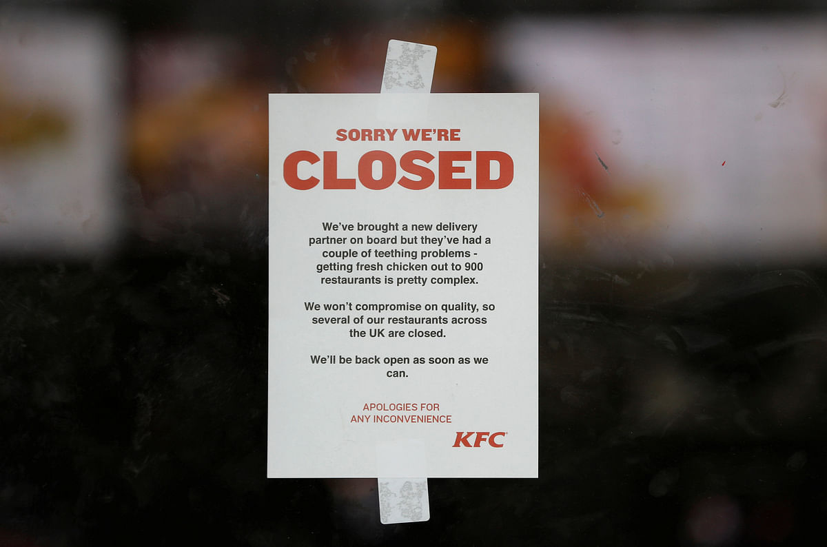 A closed sign hangs on the door of a KFC restaurant after problems with a new distribution system in Coalville. Reuters