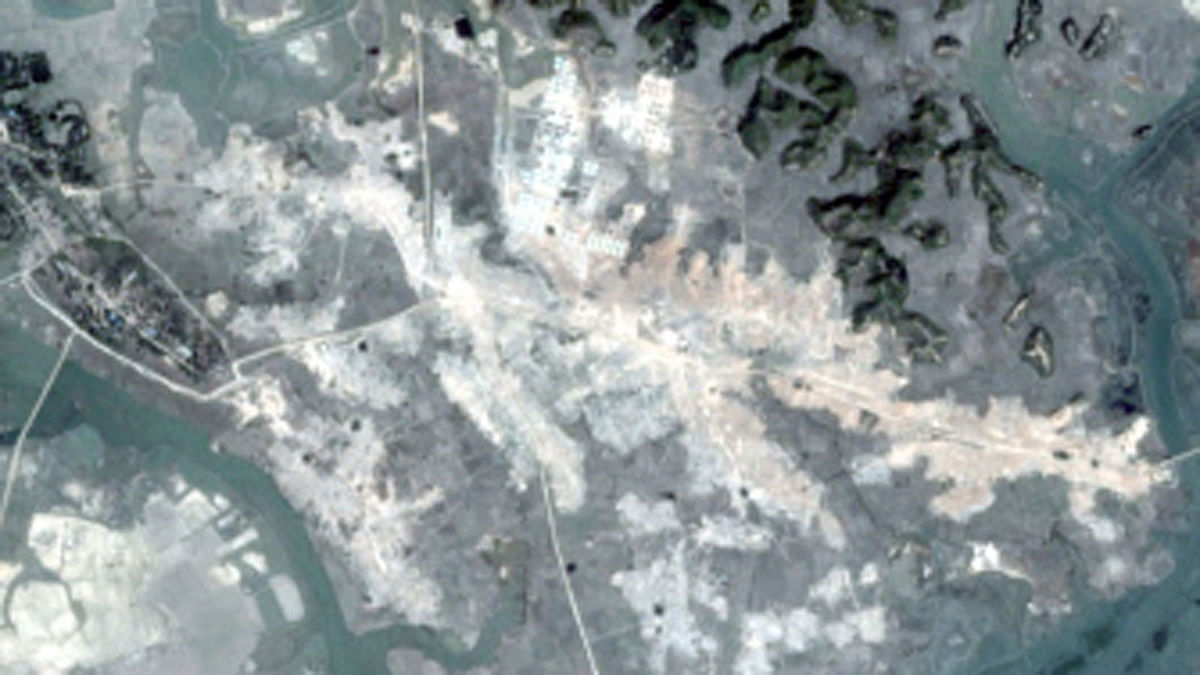 This handout satellite image taken by DigitalGlobe on 19 February, 2018 and released by Human Rights Watch on 23 February, 2018 allegedly shows ongoing demolition of Rohingya villages in Myanmar`s northern Rakhine State. Photo: AFP