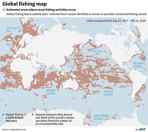 Map showing estimated areas where most fishing activities occur, according to Global Fishing Watch. AFP
