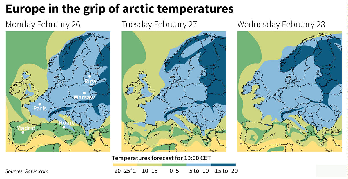 Map with forecast below-freezing temperatures in northern Europe for Monday, Tuesday and Wednesday. AFP